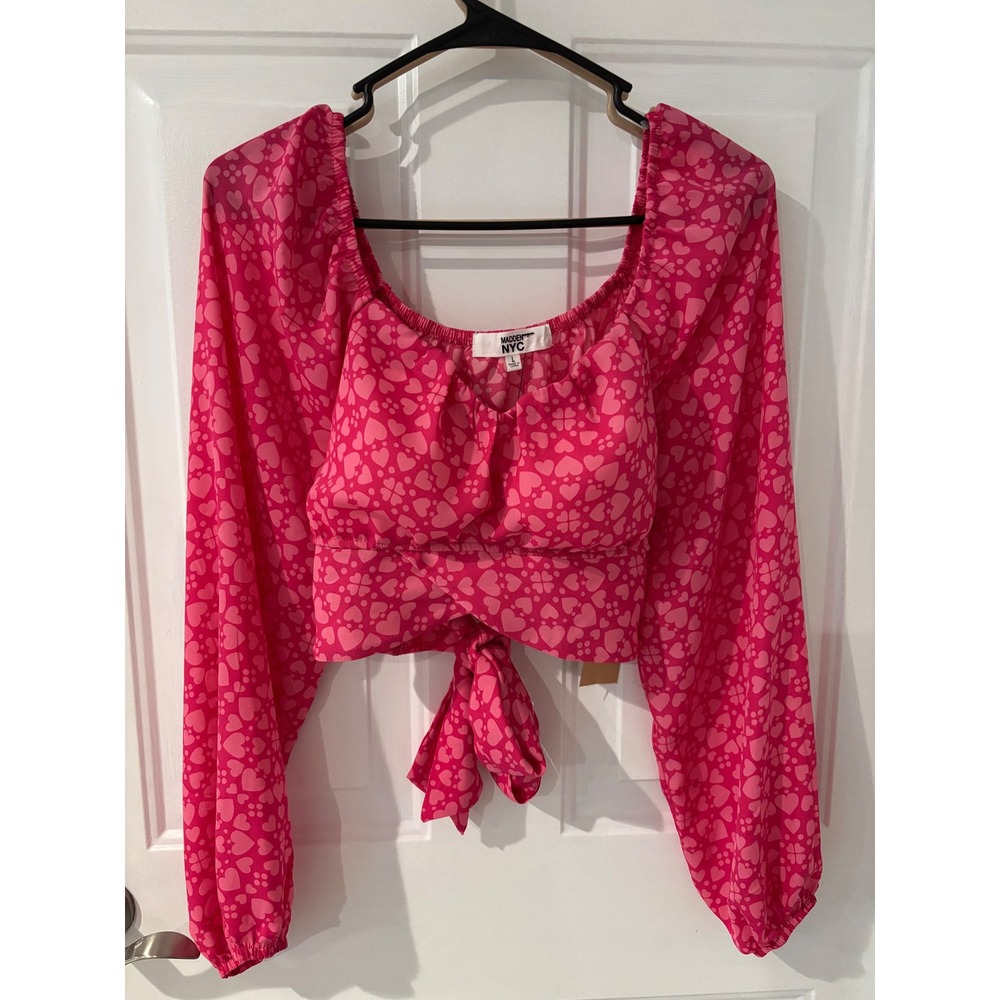 Madden NYC Heart Print Tie Front Crop Top Long Sleeve Blouse Size L‎